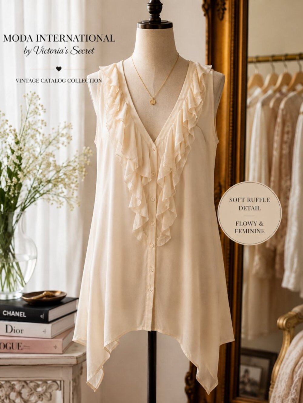 Vintage Victoria’s Secret Moda International Ivory Ruffle Blouse M